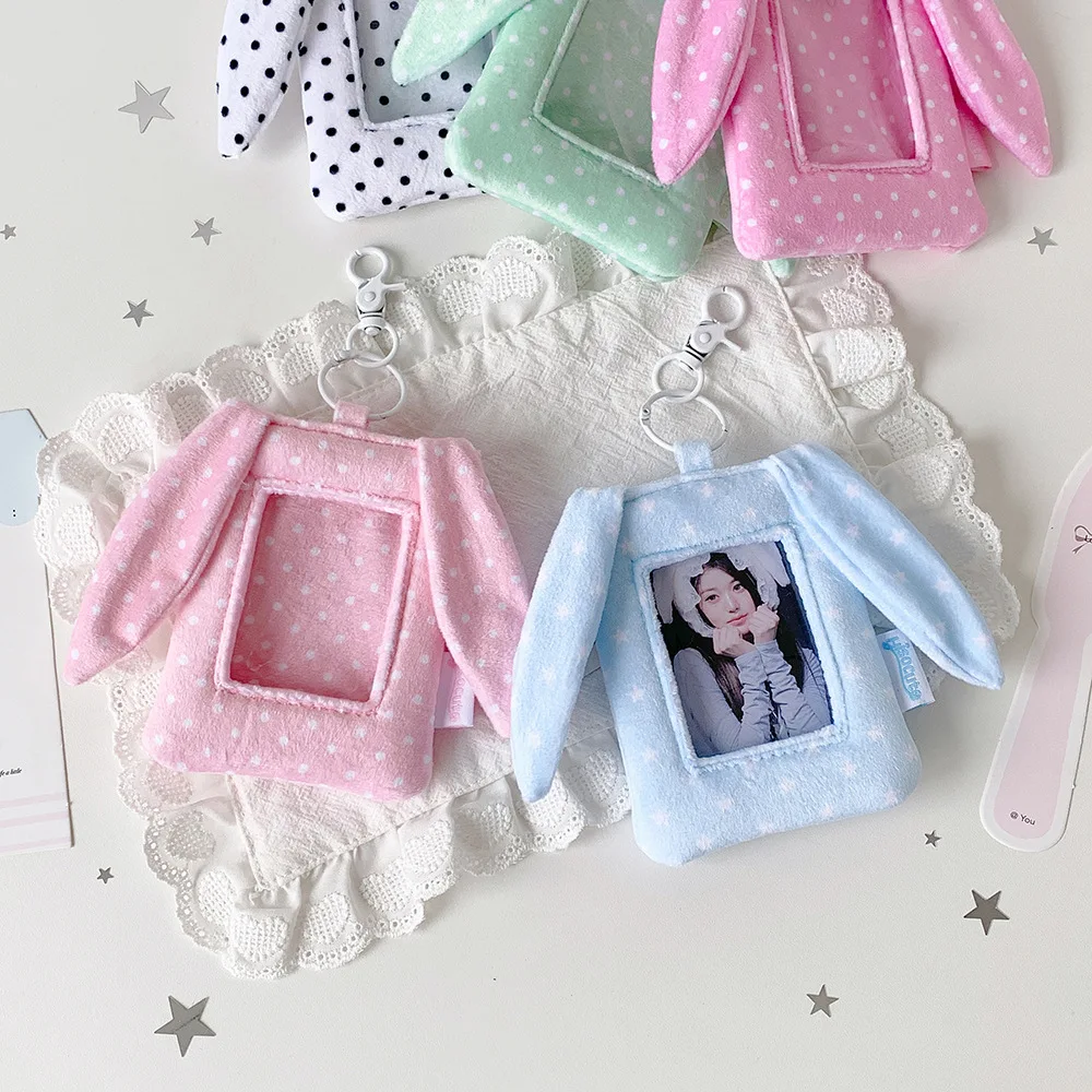 Korean Style Polka Dot Photocard Cases Rabbit Ears Shaped Plush Card Holder 3 Inch Kpop Idols Photo Card Protective Cover