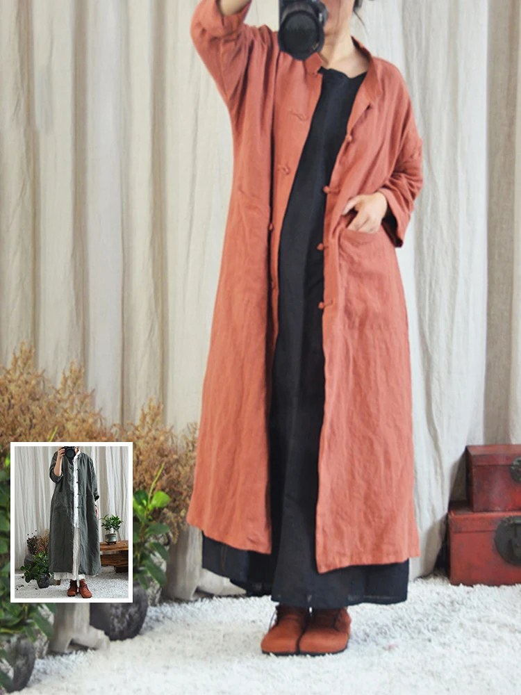 

Long Sve хлопково-льняная ветровка, женское пальто больших размеров с воротником-стойкой, открытый кардиган, осеннее винтажное пальто для поездок на работу