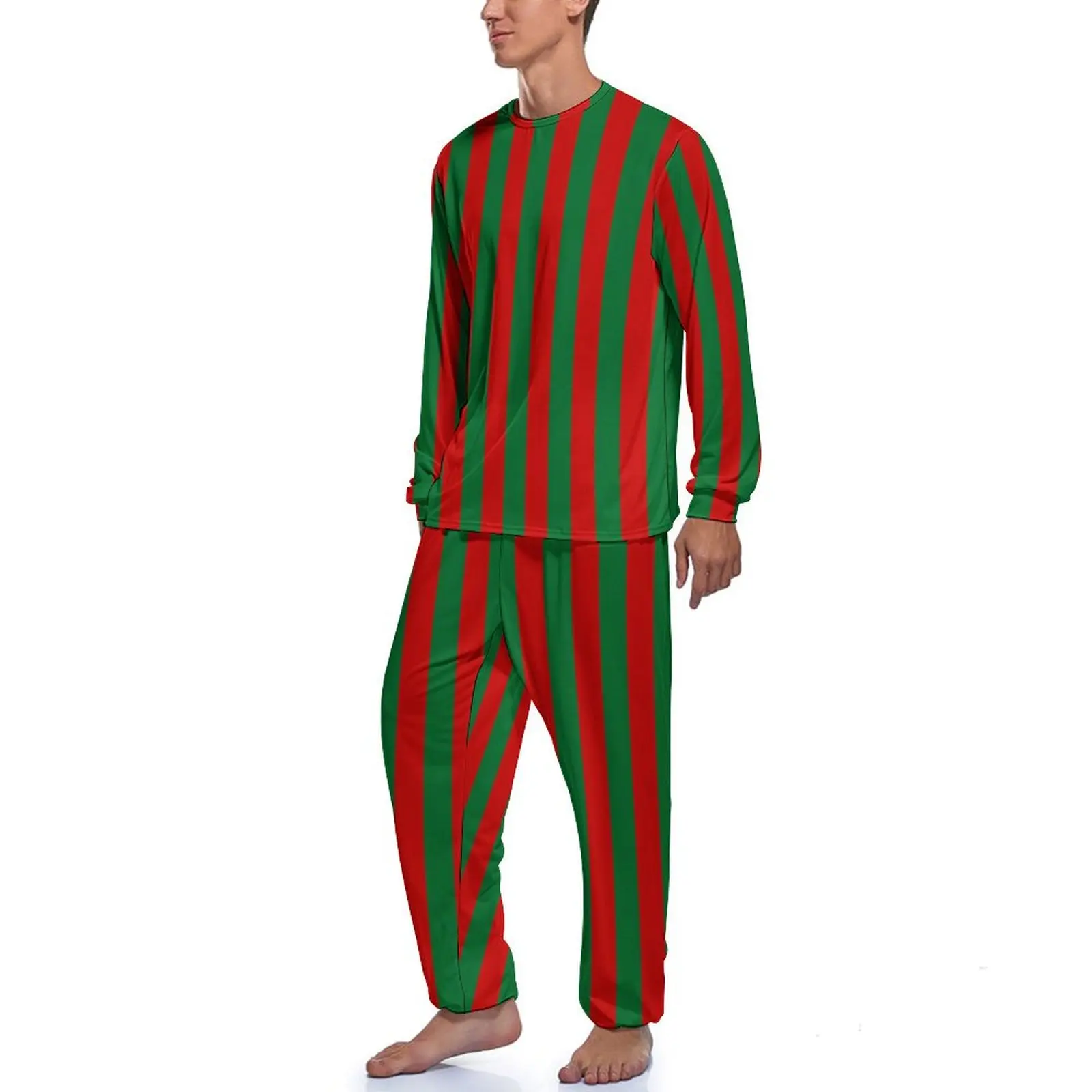 Vertical Striped Print Pajamas Men Red And Green Cute Nightwear Winter Long Sleeve 2 Pieces Casual Graphic Pajama Sets