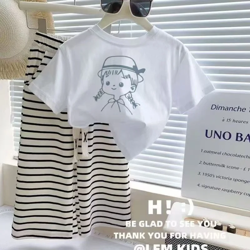 Girls Clothes Sets Summer Kids Cartoon Printed Suit Children Short Sleeve T-shirts Stripe Pants 2 Pcs Outfits Children Set