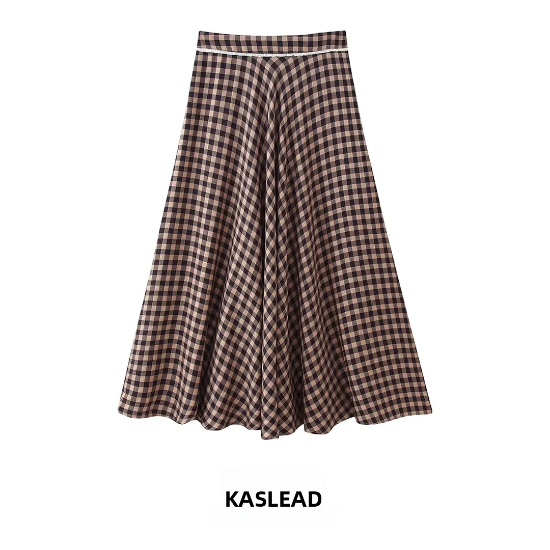 

Новая женская модная юбка KASLEAD с простым кружевным декором и клетчатым узором, А-силуэт, приталенная, из полиэстера, со средней талией, весенняя коллекция