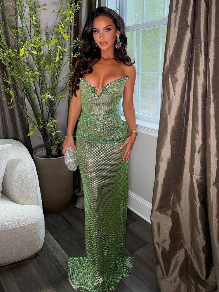VC ชุดเดรสนางเงือกแขนกุดสีเขียวประกายประกายสำหรับชุดปาร์ตี้งานพรอม