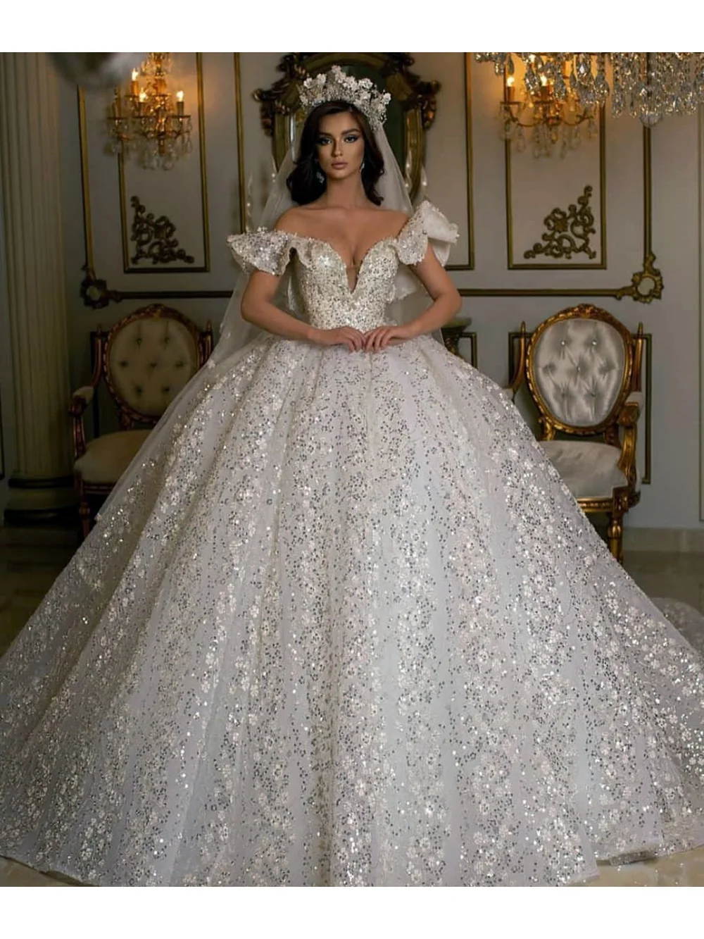 

Vestido De Noiva Lace Pearl Wedding Dresses Princess Ball Bridal Gowns Shinny Long Sleeves Ivory Dubai Marriage