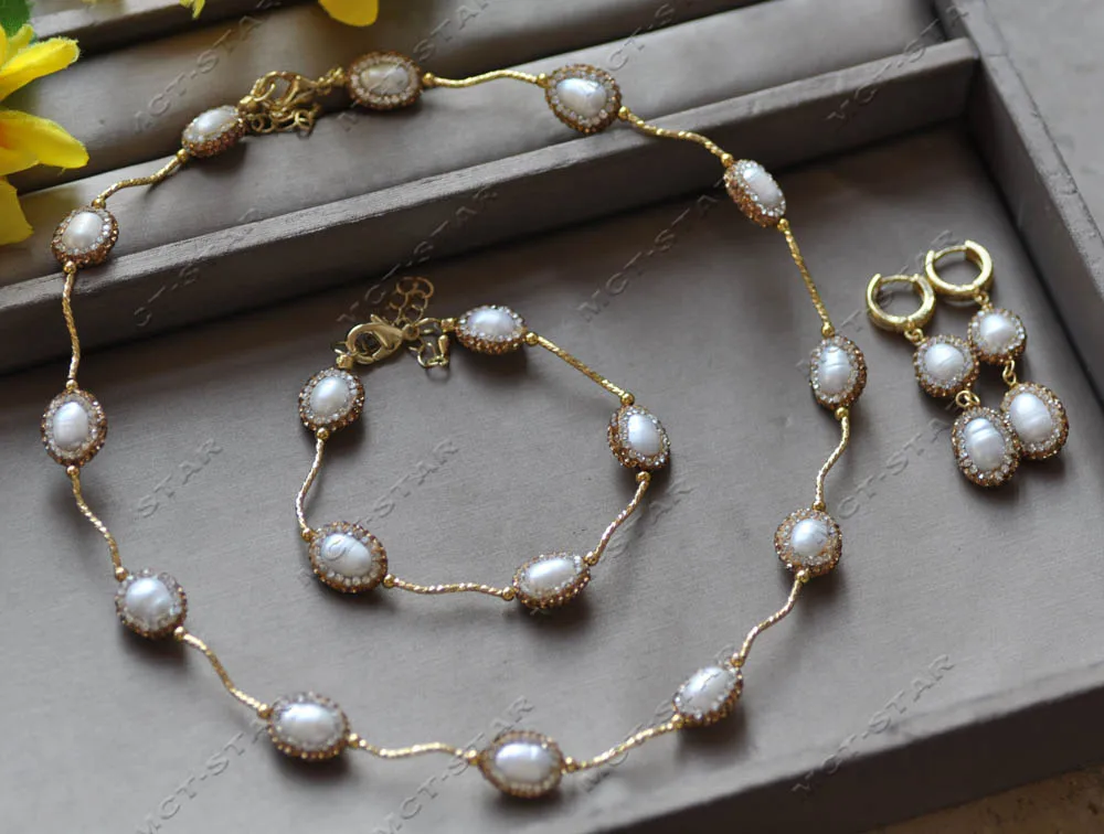 Z12926 Set 15mm White Rice Golden CZ Pearl Necklace Bracelet Earring view 2