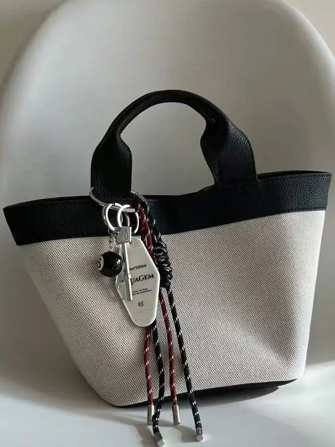 2026 New Minimalist Commuter Color Block Bucket Bag Dragon Boat Bag Japanese Style Handbag Women's Bag High-End Canvas PU