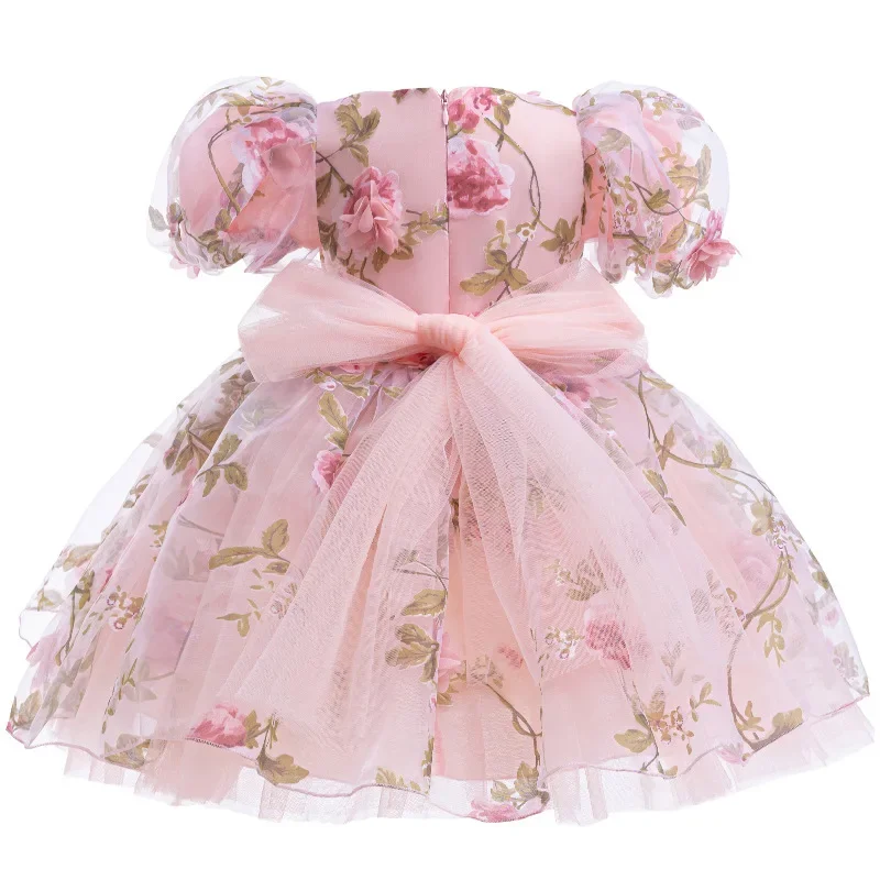 0-6-year-old Pink Flower Girl Dress 2024 New Children\'s First Year Princess Dress Children\'s Birthday Party Sweet Princess Dress