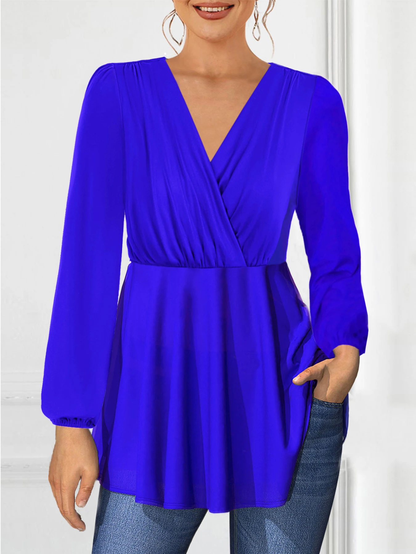 

Women Plus Size V-Neck T shirt Long Sleeve Ruched Casual Office Lady Pleated Autumn Spring Blouse Tops for Women 2025