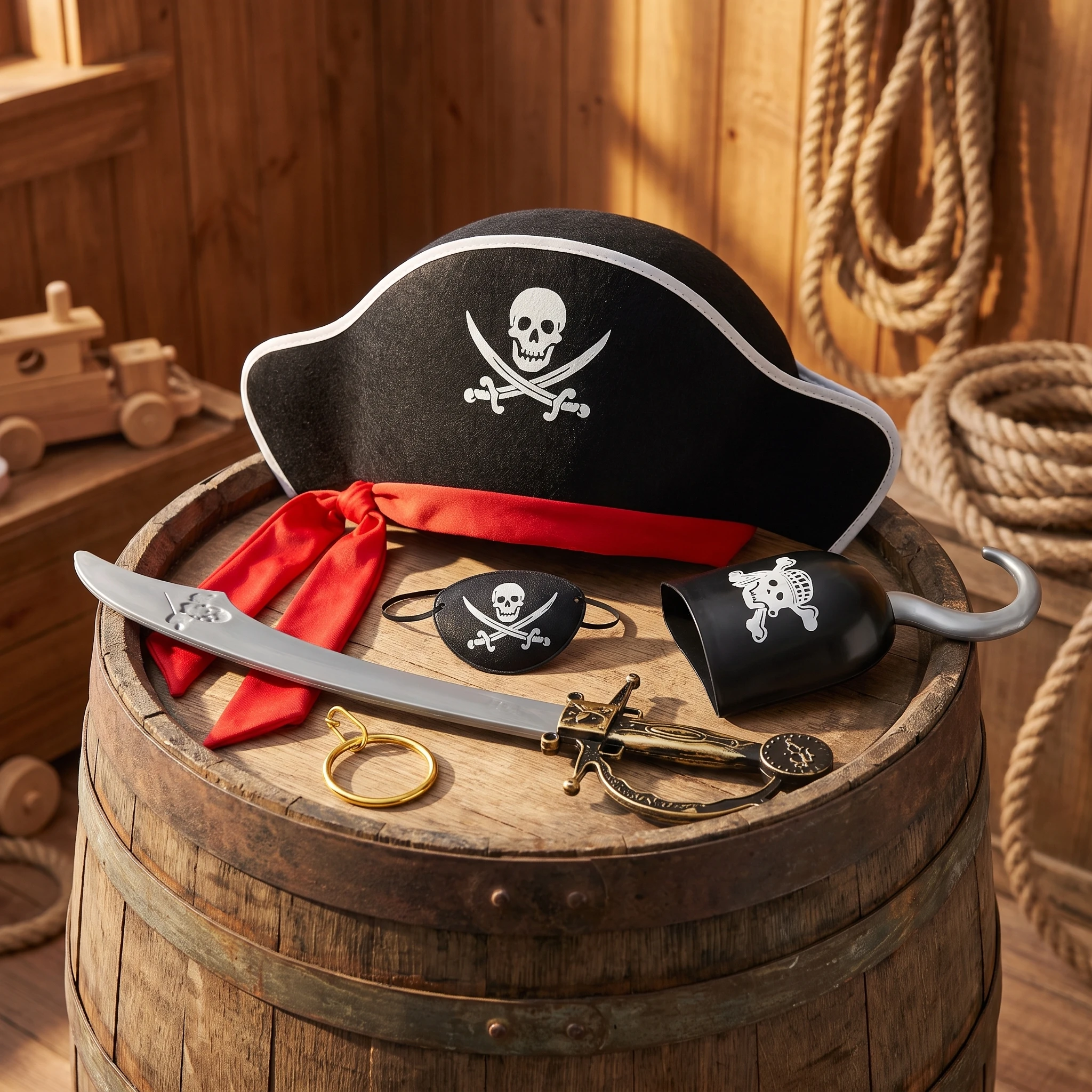 6Pcs Pirate Costume Accessories Set Pirate Hat Bandana Eye Patch Hook Earring Plastic Sword Halloween Cosplay Buccaneer Captain