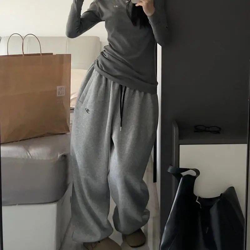 Loose Fit Autumn Winter Lazy Sports Pants Cuffed Long Casual Trousers Female Fashion Commute Style Fleece Lined Thickened Lan...
