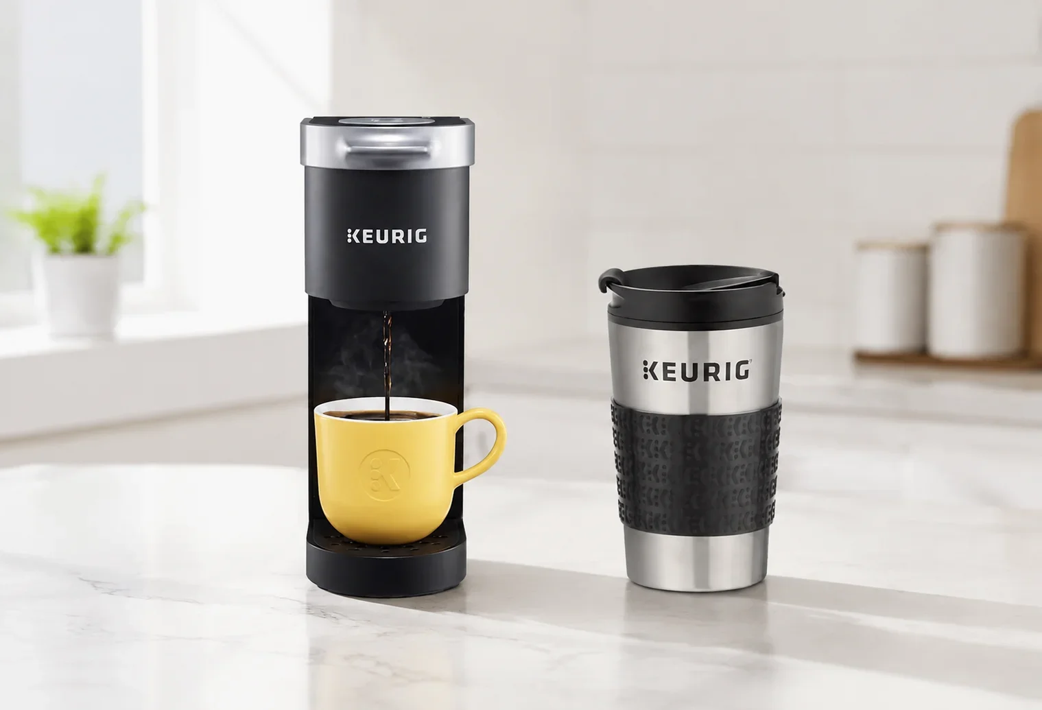 USA Stock K-Mini Single Serve Coffee Maker, Black & Travel Mug Fits K-Cup Pod Coffee Maker, 1 Count (Pack of 1), Stainless Steel