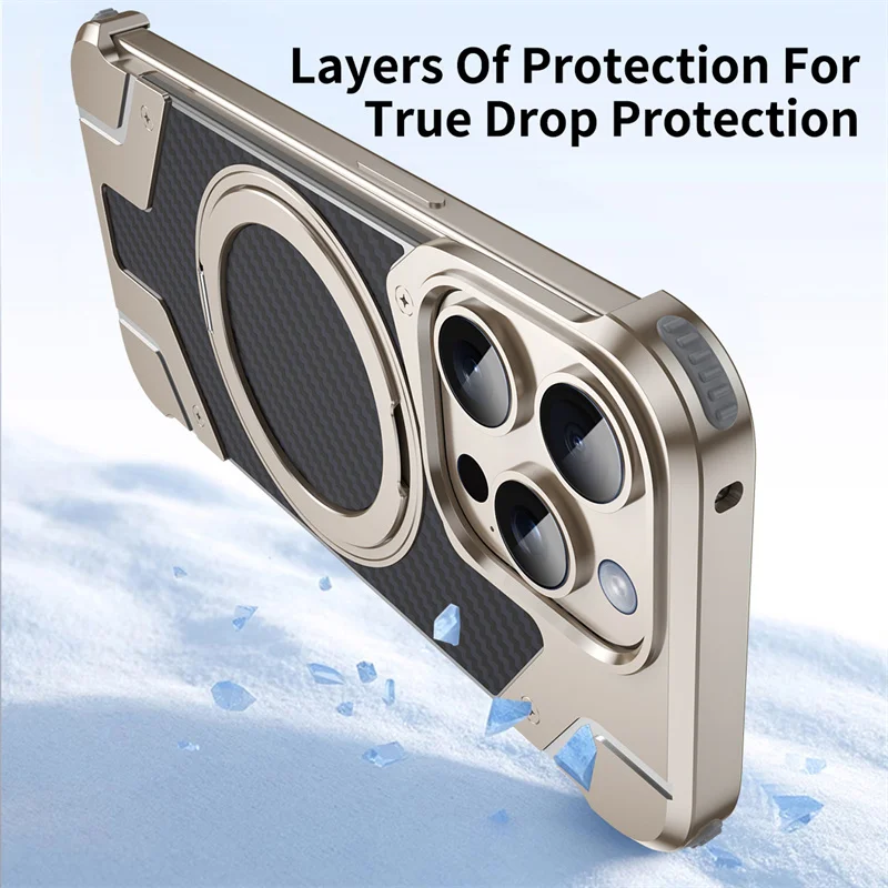 Carbon Fiber Texture Metal Borderless Armor Phone Case For iPhone 13 14 15 16 Pro Max Plus 360° Rotating Magnetic Bracket Cover