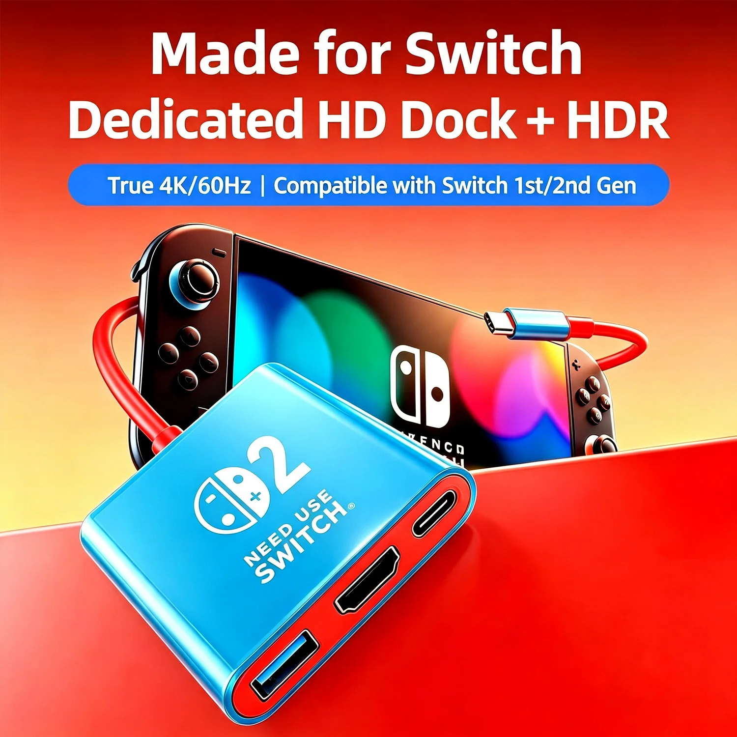 3-in-1 Built-in Cable Switch Dock 4K 60Hz HDMI USB-C Charging Hub For Nintendo Switch 2 OLED Portable TV Connection Adapter