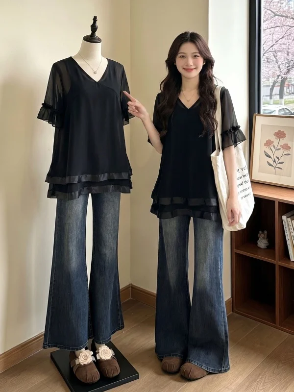 

Elegant Black V-Neck Short Sleeve Chiffon Top Women's plus Size Bell Sleeve Summer New Style Commute Korean Loose Fit Shirt