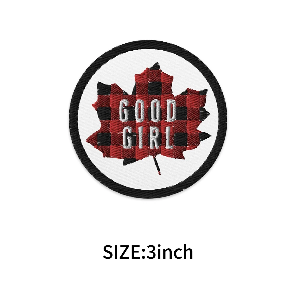 Good Girl Round Embroidery Patches Iron on Patches for Clothing Jeans Embroidered Badges Black Red Checkered Maple Leaf Classic