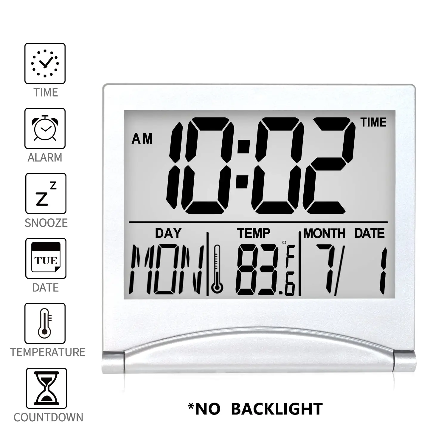 Digital Travel Alarm Clock - Foldable Calendar Temperature Timer LCD Clock with Snooze Mode - Large Number Display,, Customized