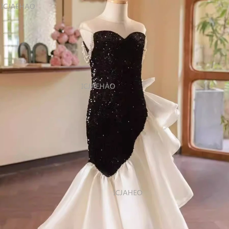 Black Sequin Strapless Princess Dress Girls Pageant Performance Gown Children Model Show Evening Birthday Party Occasion Outfit