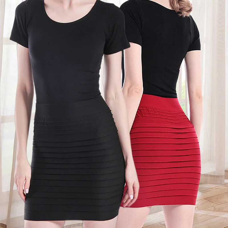 1pcs Sexy Lady Pencil Skirts Summer Women High Waist Pleated Skirt Solid Color Elastic For Office Lady Draped Slim Mini Skirt