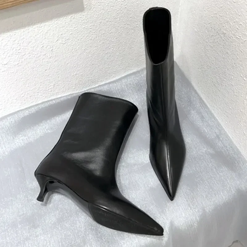 SEXY Black Pointed Toe Cat Heel Mid Calf Boots for Women Soft Leather PU Design Low Heel Wide Mouth French Style Ankle Boots