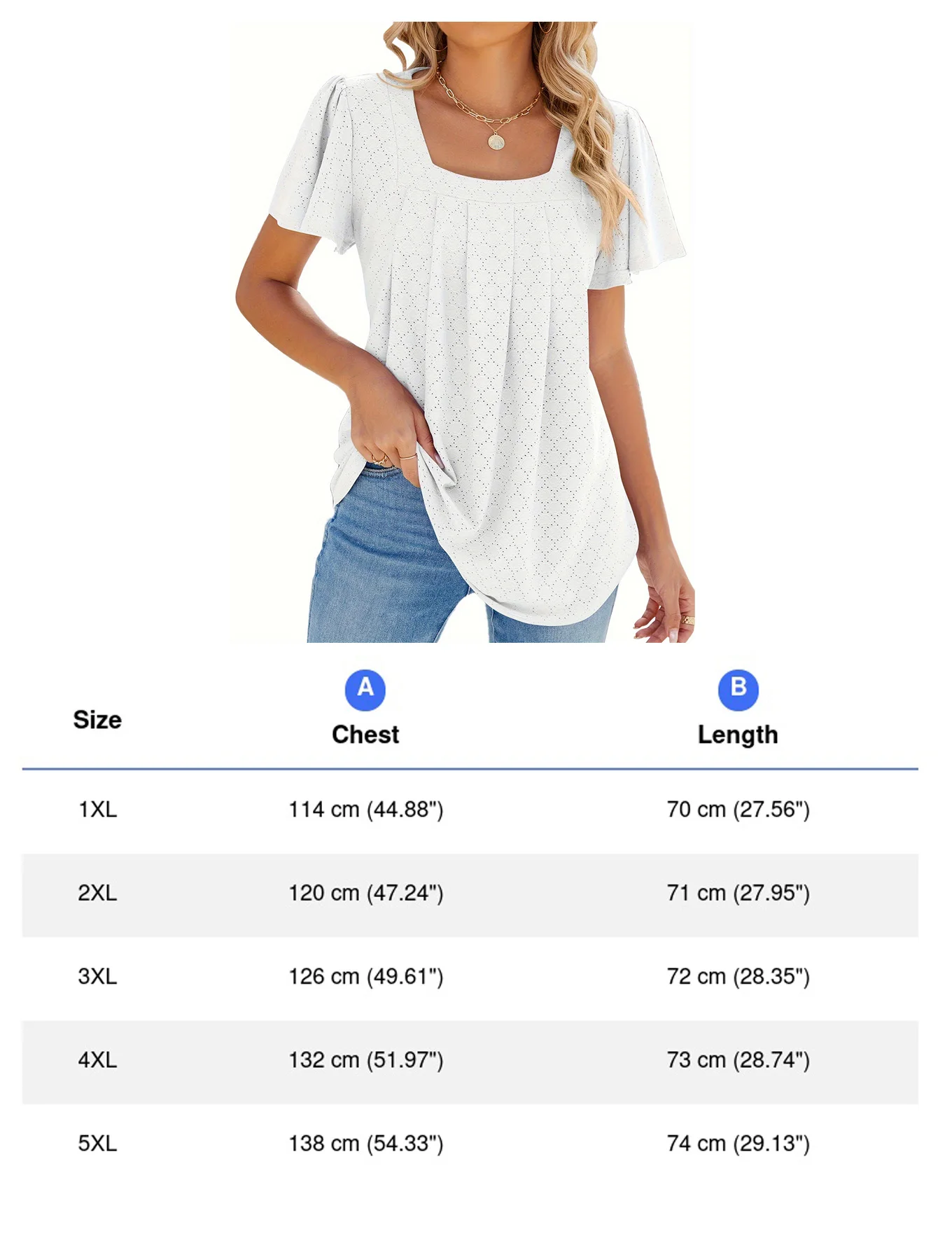 Plus Size Eyelet Solid Pleated T-Shirt Casual Short Sleeve Top For Spring & Summer Women\'s Plus Size Clothing