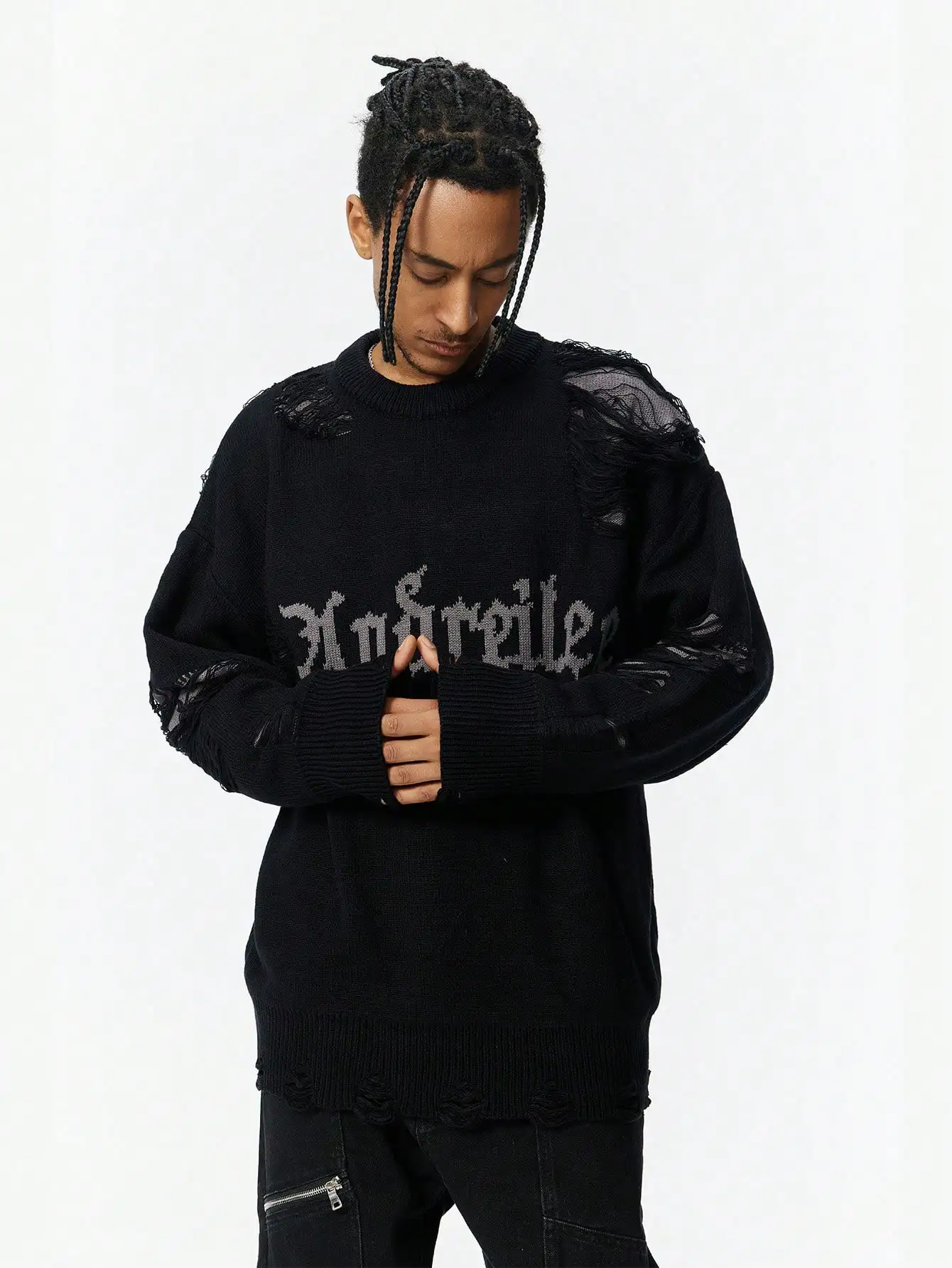 

Мужской новый осенне-зимний свитер в стиле High Street с рваными элементами и бахромой, унисекс, с круглым вырезом, пуловер