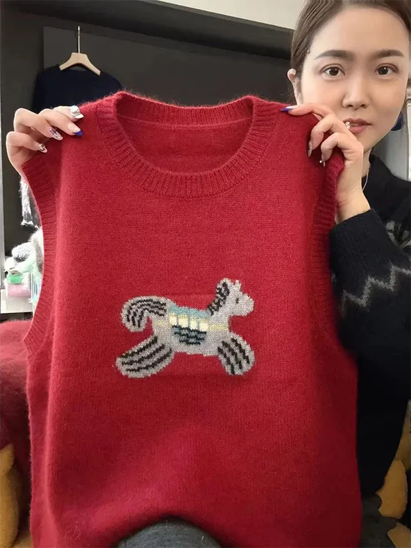 

Sweet ort Knitted Sweater Vest round Ne Pattern Commute Sle Korean Loose Fit Soft Long Sve Breathable Ladies Top