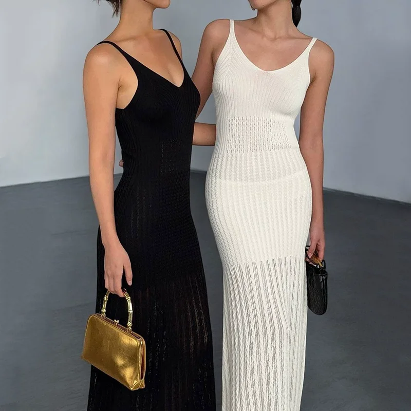 Vestido francês de malha sem costas com alça espaguete feminino verão transparente decote em V vestido longo e fino