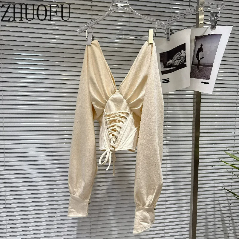 Retro Hot Girl Velvet Women's Long Sleeve T-Shirts Top 2026 New Sweet Cool V-Neck Strap Waist-cinching Versatile T-Shirt Ladies