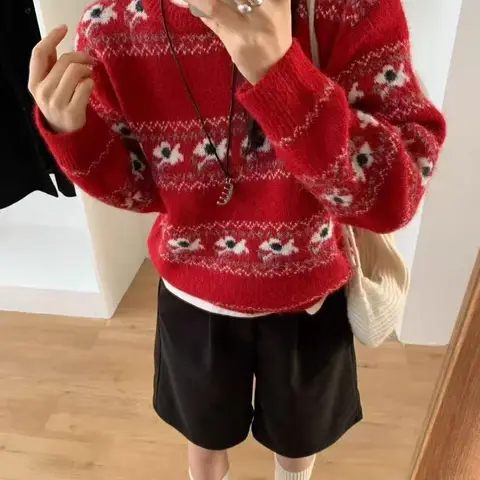 한국 스타일 여성 니트 스웨터 페어 아일 패턴 레이지 스타일 오버헤드 셔츠 가을 겨울 신상품 대학 스타일 레트로