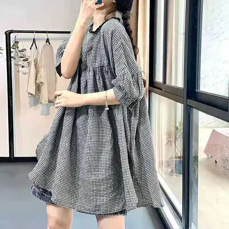 

Женское платье больших размеров, свободного кроя, средней длины, в клетку, скрывающее живот, из смесового хлопка и льна, повседневное, с круглым вырезом