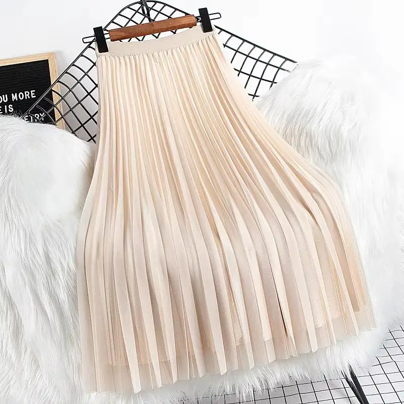 

2025 Spring Summer Vintage Skirts Womens Elastic High Waist Tulle Mesh Skirt Long Pleated Tutu Skirt Female Jupe Longue