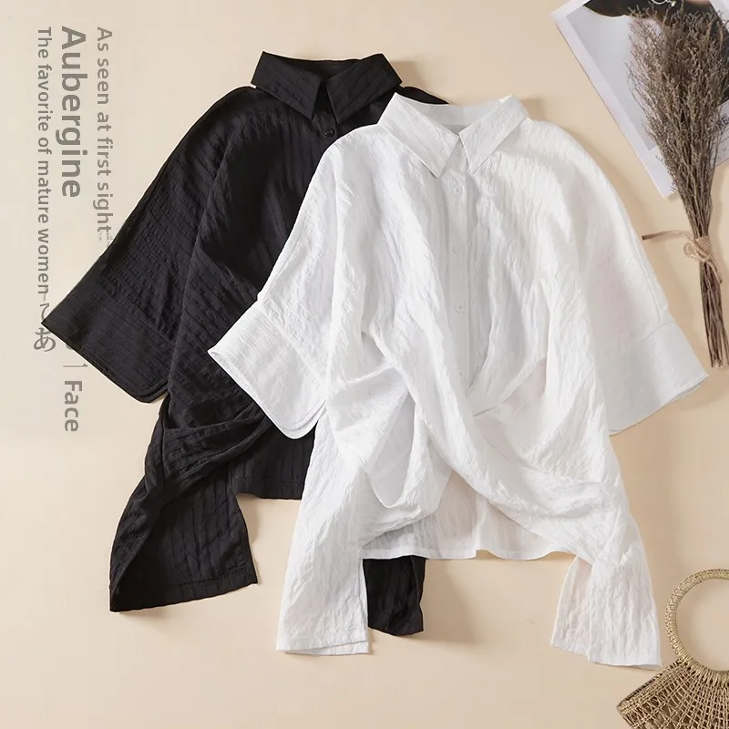 Cross Design Pleated Dark Stripe Women's plus Size Shirt Five-Quarter Sleeve Turn-down Collar Asymmetrical Summer Top
