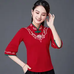 Traditional Chinese Clothing Women Tops Fashion Cotton Embroidery Hanfu Qipao Shirt Female Slim Ethnic Style Stand Collar Blouse