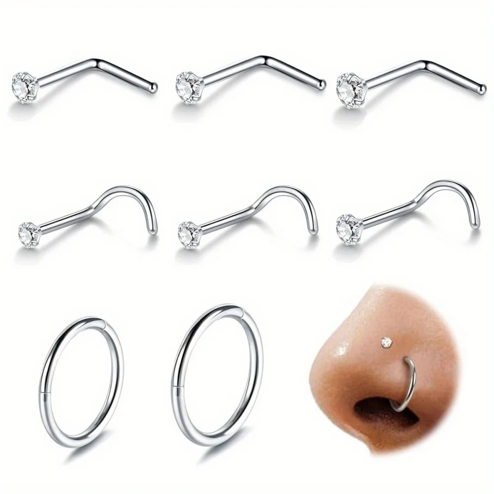 8Pcs Nose Rings Set L‑Shape Corkscrew CZ Nose Studs & Small Hinged Nose Hoops Stainless Steel Piercing Jewelry for Men Women
