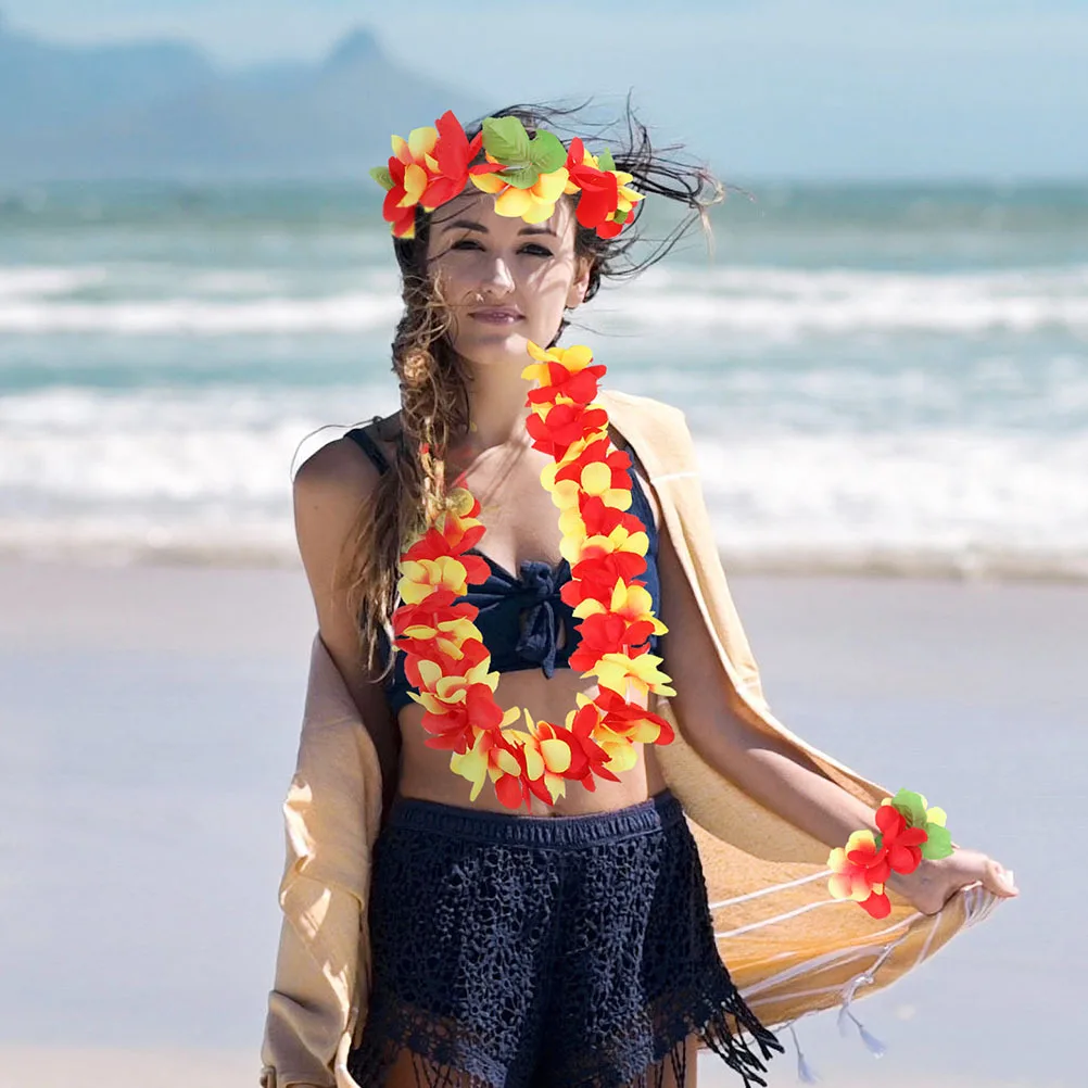 

1 set 1 Set Hawaii Leis Kit Flower Garlands Headband Wristband Necklace Party Supplies Hawaiian Festival Wedding Beach Decor