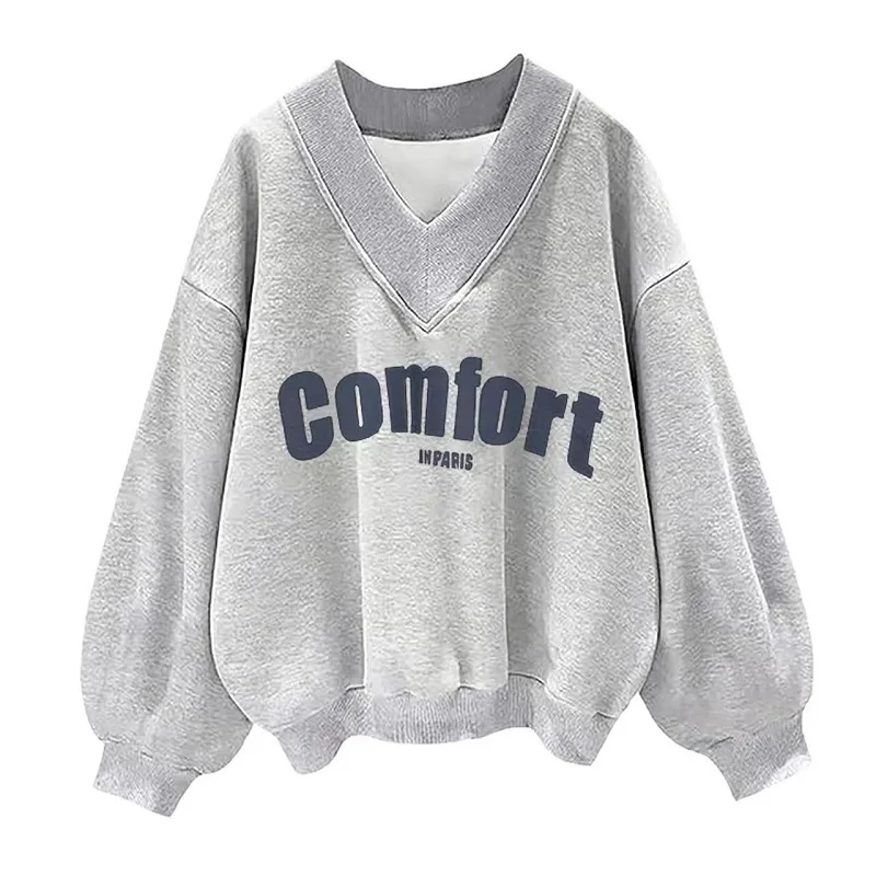 Y2k Original Cebu Brand Autumn New Gray Letter Printed Hoodie Women's 2024 Fashion Korean Version Of Casual Loose V-Neck Blouse