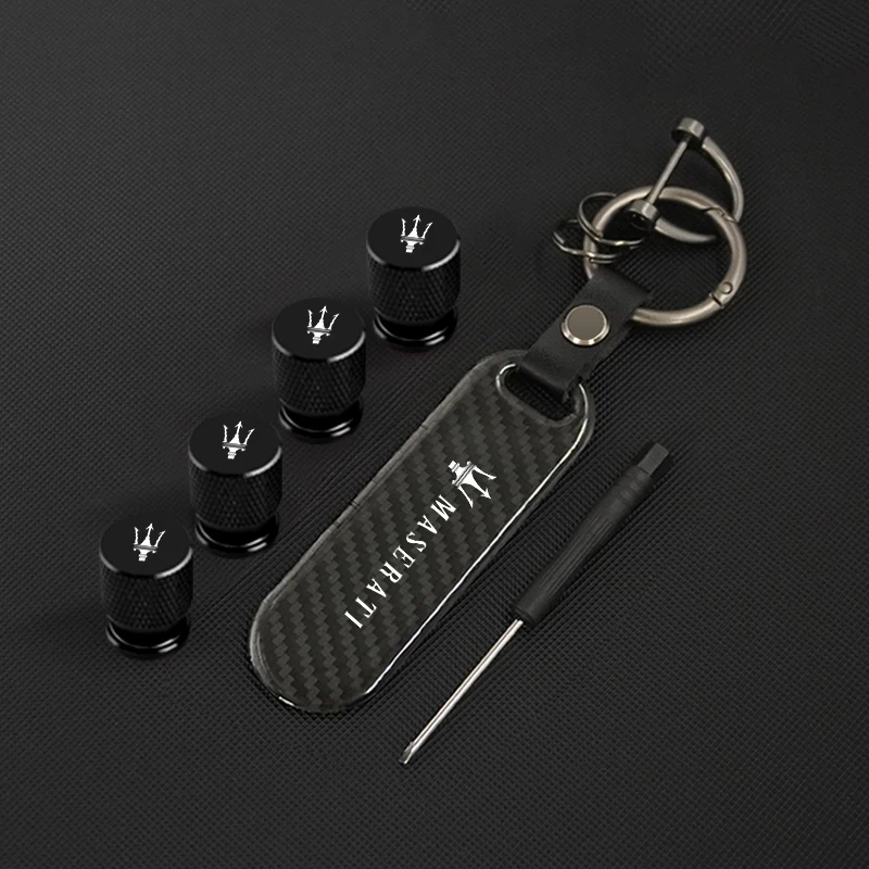 Car Carbon Fiber Key Chain with Wheel Tire Valve Caps For Maserati Quattroporte Spyder Levante Coupe GranTurismo Accessories