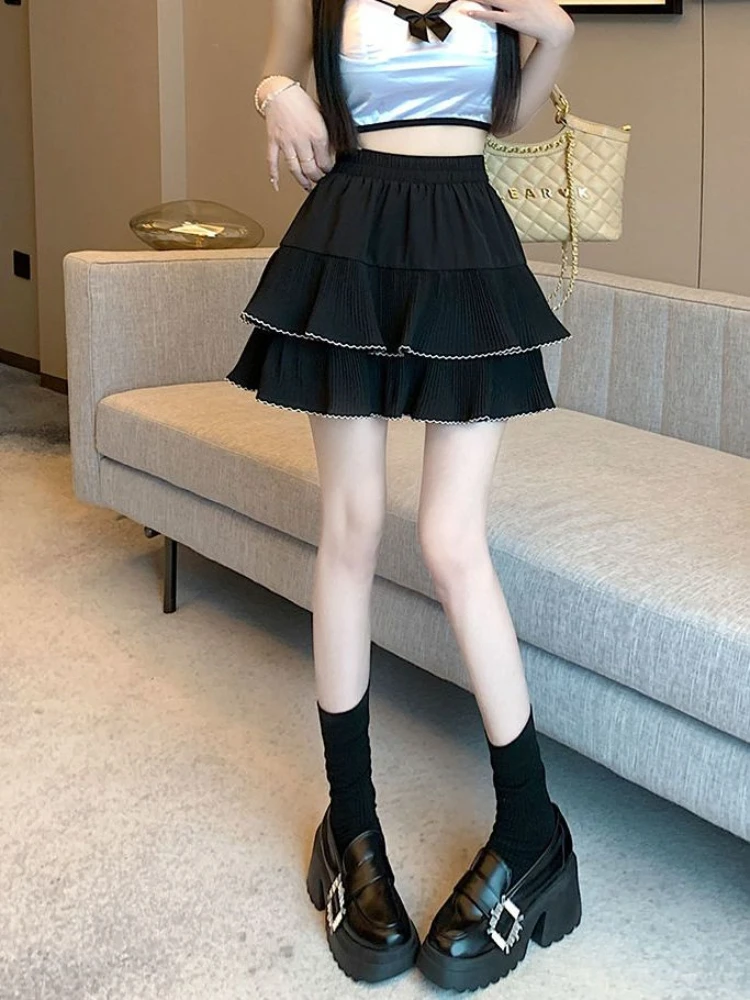 Chiffon Women's Skirt Kawaii Female Skirts Ruffle Cute A Line Modest Premium Clothing Trend 2024 Harajuku Korean Fashion Casual