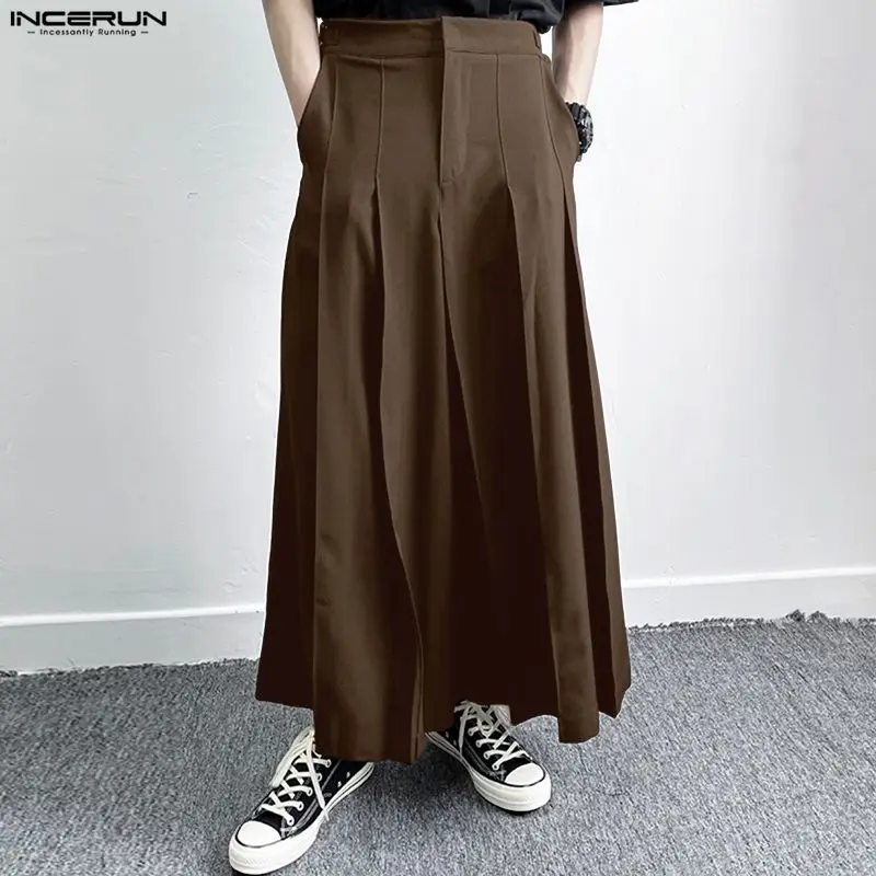 INCERUN الرجال بنطال ذو قصة أرجل واسعة مطوي ركض بلون فضفاض بنطلون الرجال الشارع الشهير 2025 موضة السراويل الذكور غير رسمية S-5XL