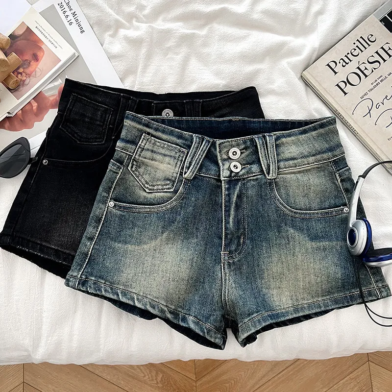 Women's High Waist Denim Shorts American Retro Casual Y2k Gyaru Micro Boot Jean Shorts Wide Leg Hot Bodycon Cowboy Shorts Summer
