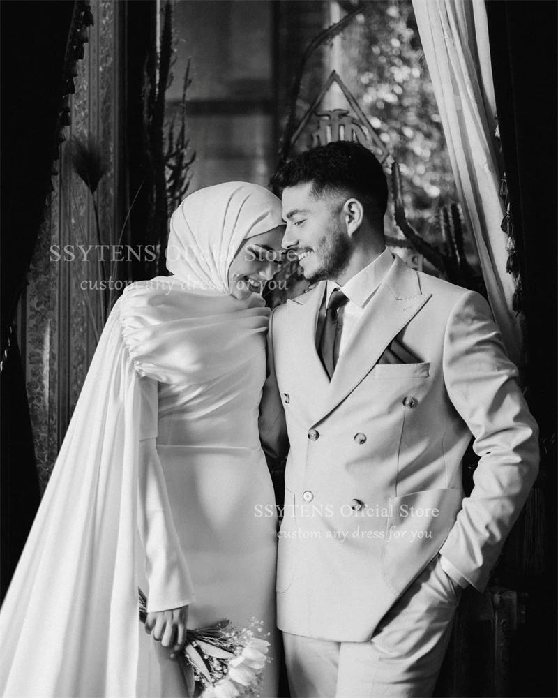 SSYTENS Elegant lvory Wedding Dresses Satin High Neck Full Sleeves Mermaid Bridal Gown Sweap Train Modest Bride Dress Customized