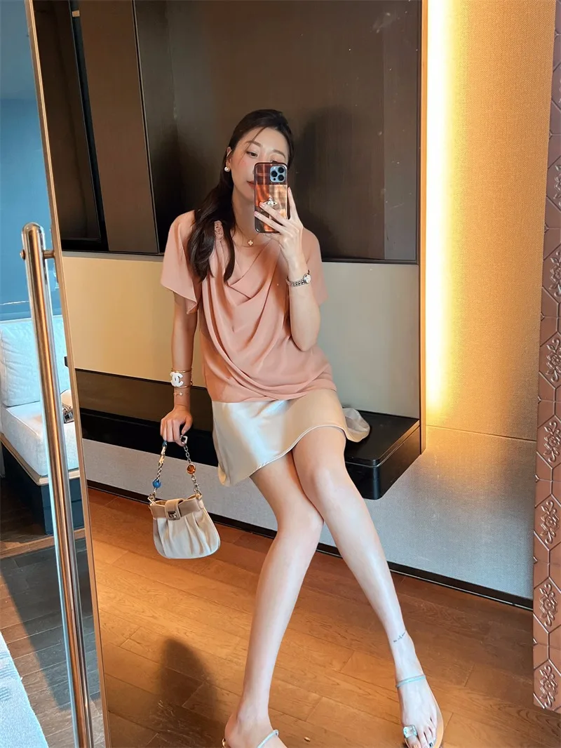 Camicette da donna in chiffon Camicie a fiori coreani MODA Allentate Primavera/Estate Abbigliamento vintage Top da donna a maniche corte tinta unita