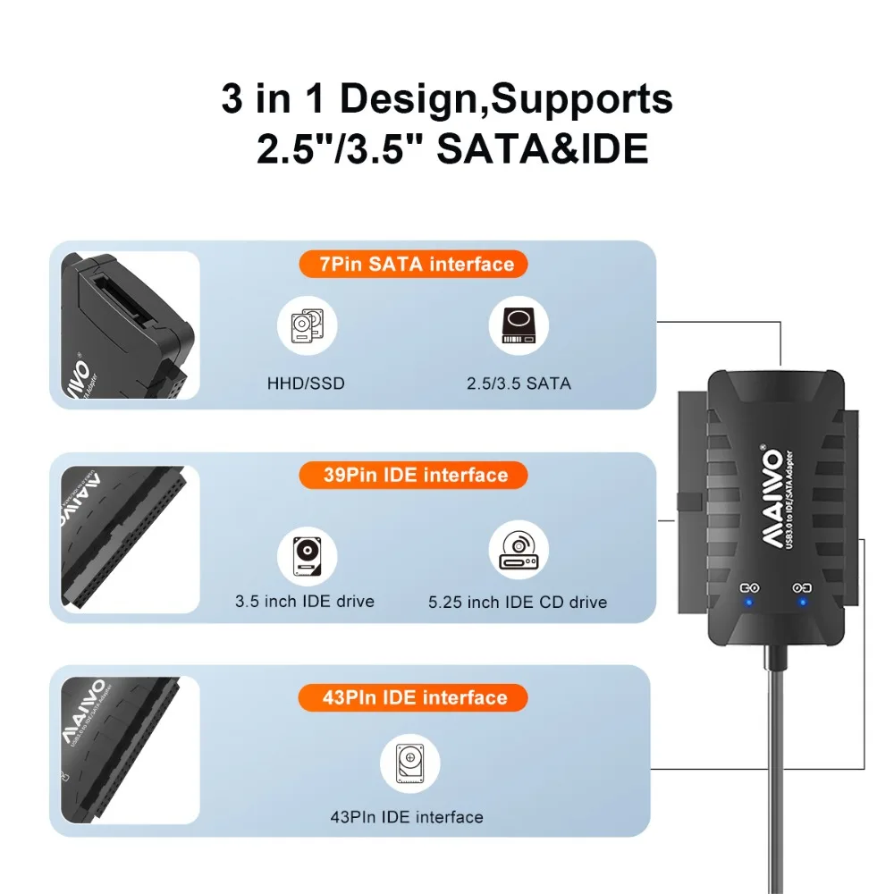 MAIWO IDE/SATA HDD 어댑터 2.5/3.5인치 HDD SSD USB3.0-SATA 어댑터 케이블 휴대용 3-in-1 외장 하드 드라이브 변환기