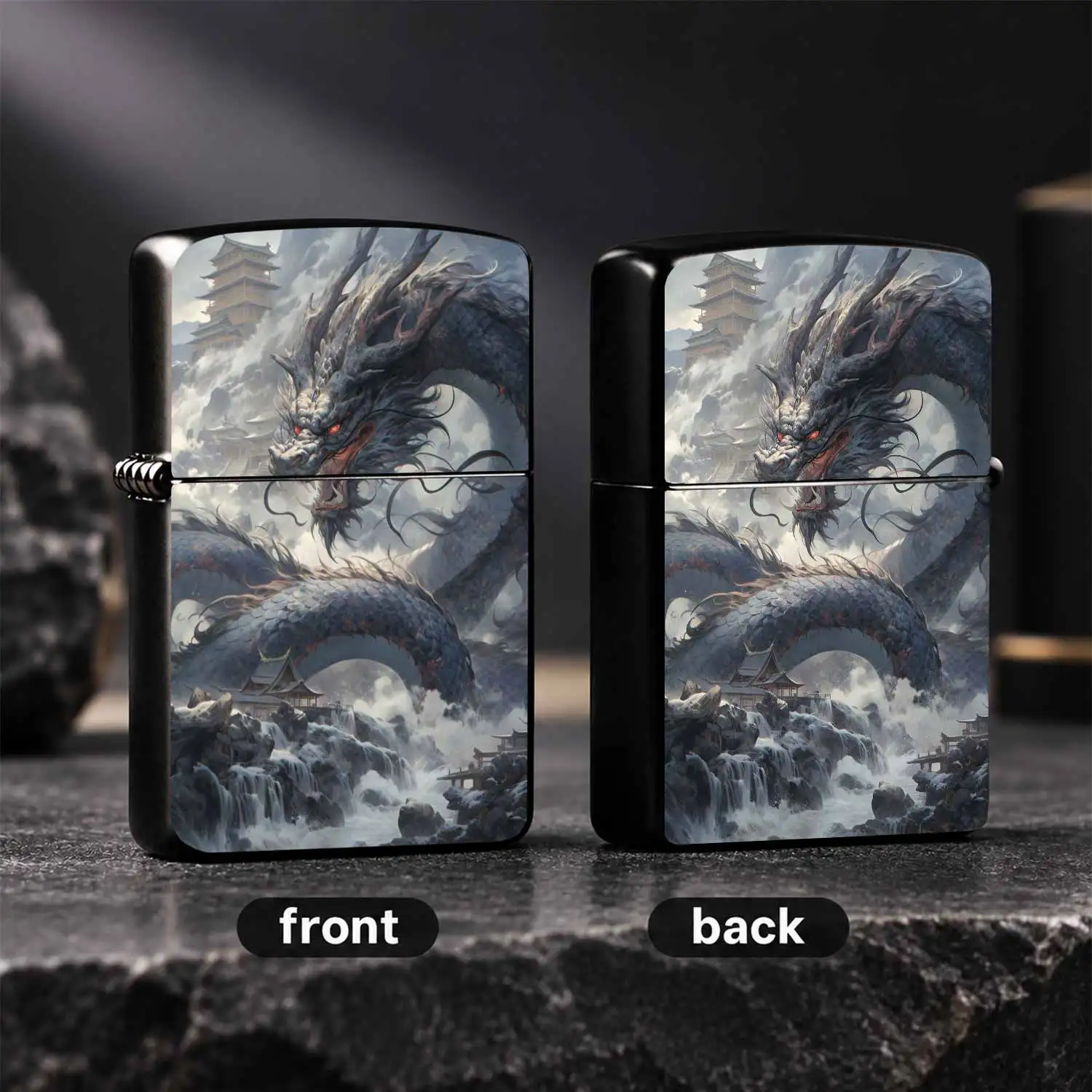 Vintage BLACK Dragon Windproof Lighter Traditional Auspicious Divine Dragon Pattern Retro Pagoda Waterfall Scenery Collectible Desktop Ornament Unique Artistic Gift for Men Father Friends Festival Birthday Present A Fun and Humorous Light