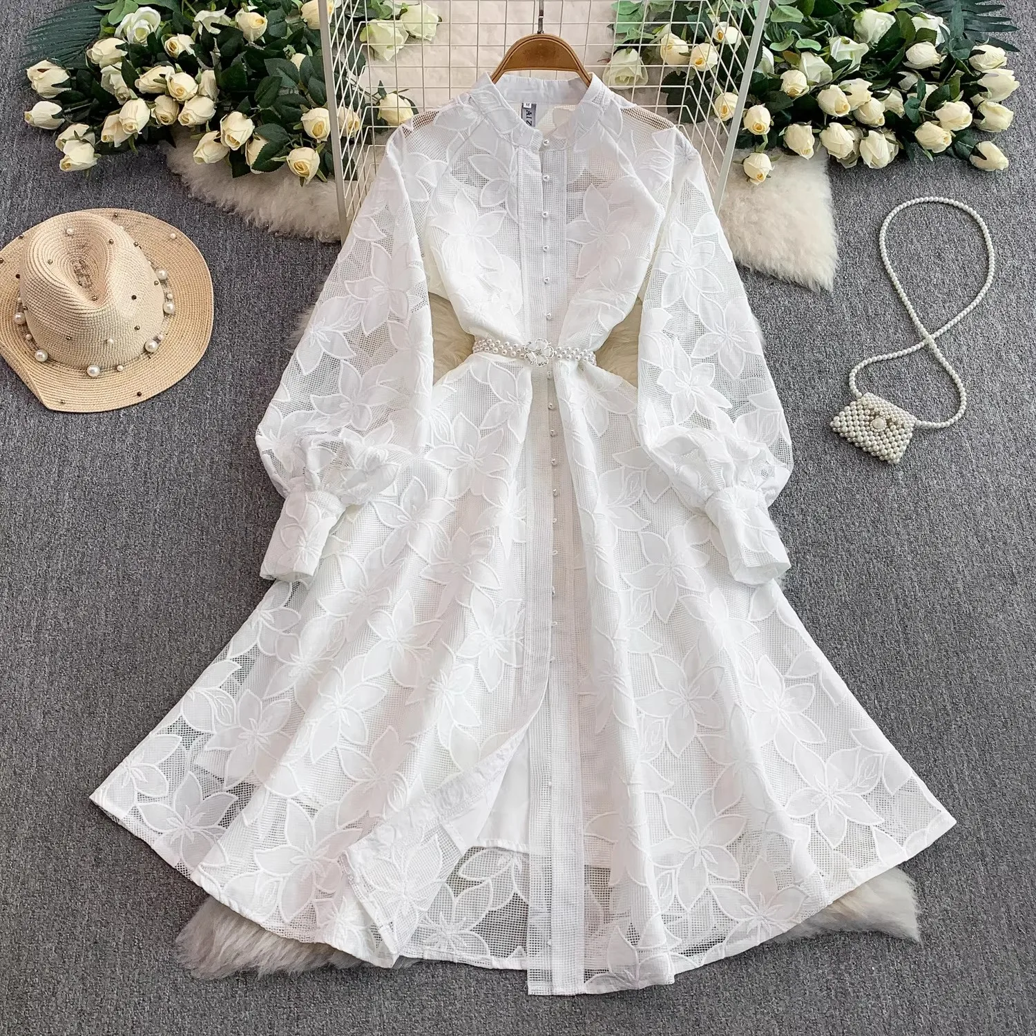 فستان نسائي خريفي عتيق مطرز أنيق بصدر واحد ميدي على شكل حرف A من الدانتيل فستان مكتب سيدة للحفلات الراقصة المسائية مع حزام