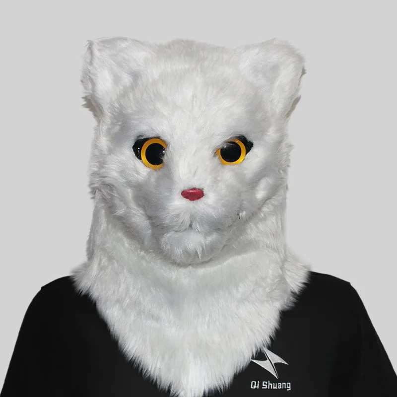 Movable Mouth Cat Head Mask Animal Latex Cute Helmet  Artificial Fur for Halloween Costumes Party Props Adult Size