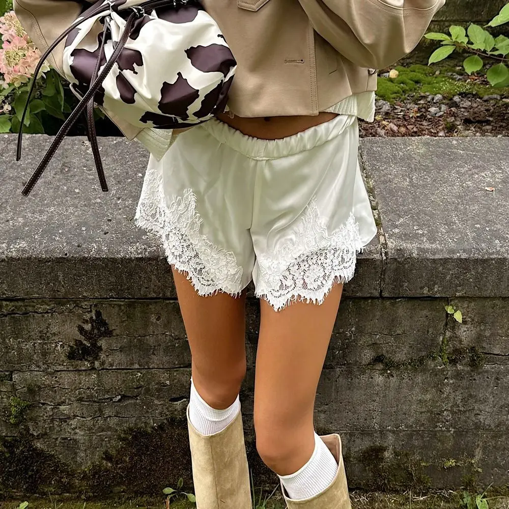 

Vintage Satin Silk Lace Patchwork Shorts Y2k Silky Sleep Shorts Lace Elastic Waist Women Shorts Pajamas