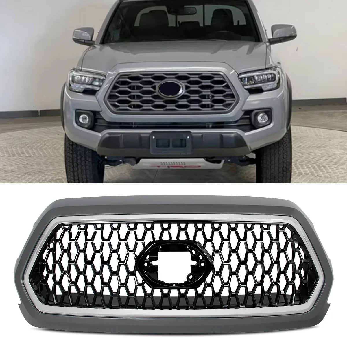 For 2016-2019-2023 Toyota Tacoma TRD Cement Gray Front Bumper Grille Chrome Trim