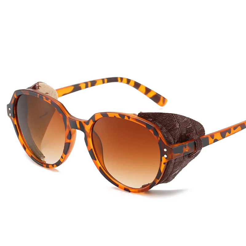 Vintage Steampunk Leather Rivet Round Sunglasses Unisex UV400 Cycling Outdoor Eyewear