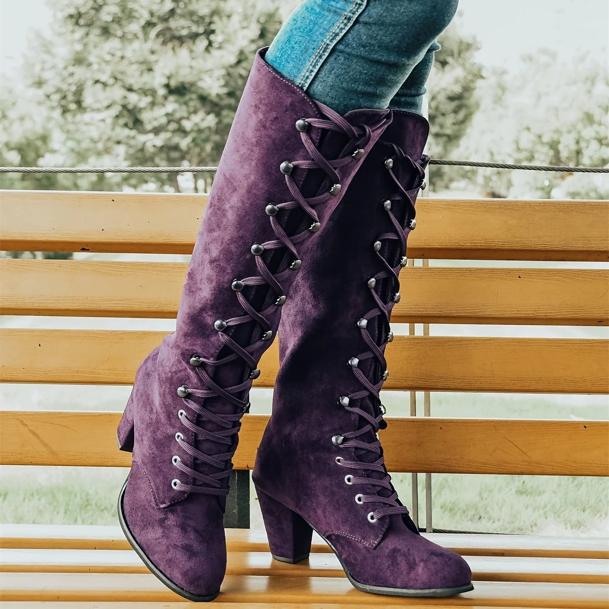 Women\'s Chunky Heeled Long Boots Retro Solid Color Lace Up Knee High Boots Casual Heeled Riding Boots