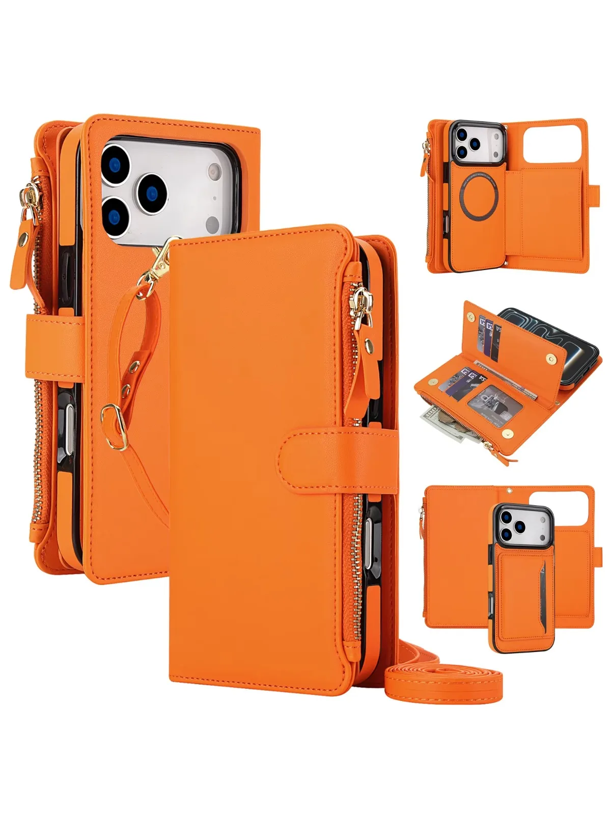 Etui skórzane z klapką, z długim paskiem na szyję, przegródkami na karty, odporne na wstrząsy, kompatybilne z MagSafe, do iPhone 17 Pro Max 16 15 14 13 12 11 — zdjęcie produktu 7